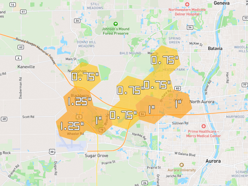 Hail map of North Aurora, IL on Jul 3, 2026, hail up to 1.25"