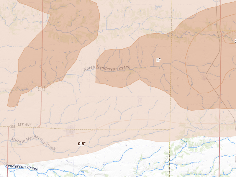 Radar-estimated hail-size map of the storm over North Henderson, IL on Mar 10, 2026