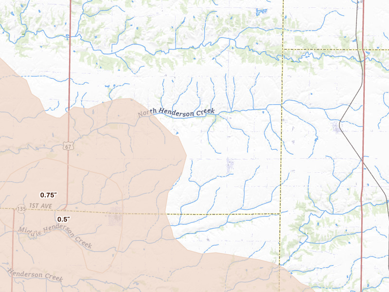 Radar-estimated hail-size map of the storm over North Henderson, IL on May 4, 2026