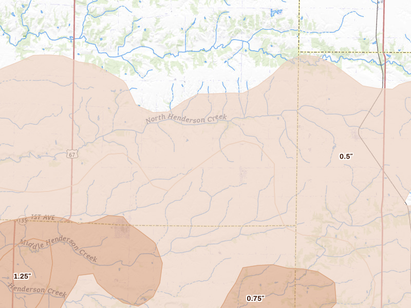 Radar-estimated hail-size map of the storm over North Henderson, IL on Jun 11, 2026