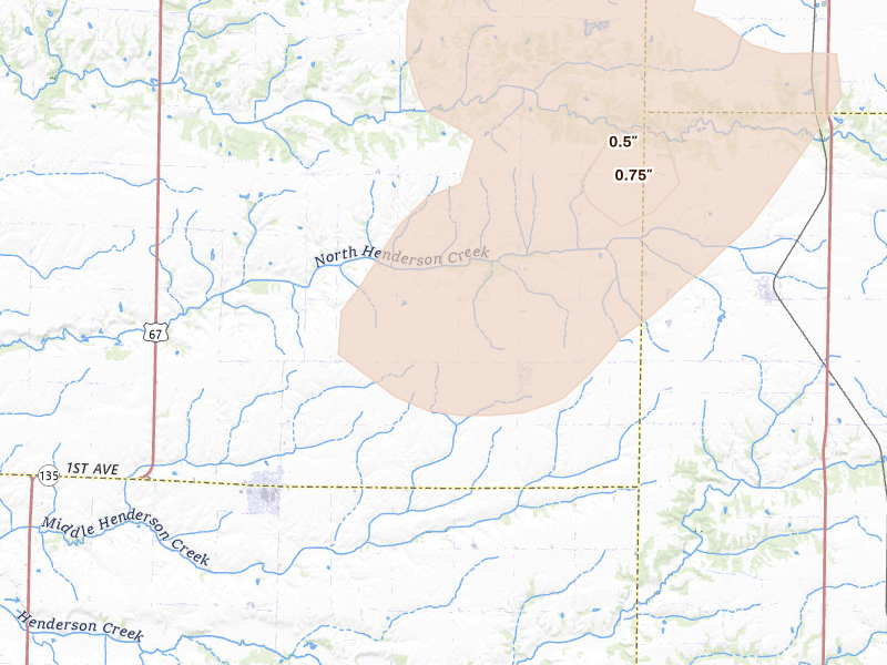 Radar-estimated hail-size map of the storm over North Henderson, IL on Jul 2, 2026