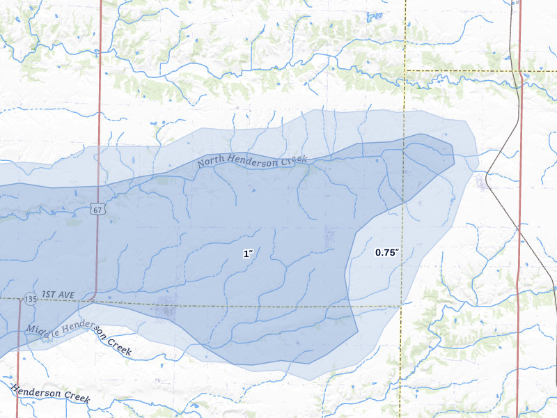 NEXRAD radar-signature map of the hail storm over North Henderson, IL on Jul 3, 2026