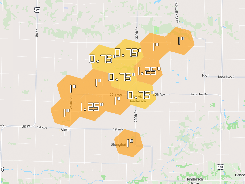 Hail map of North Henderson, IL on Jul 3, 2026, hail up to 1.25"
