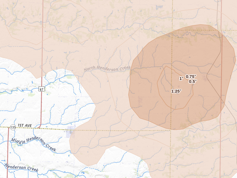 Radar-estimated hail-size map of the storm over North Henderson, IL on Aug 12, 2026