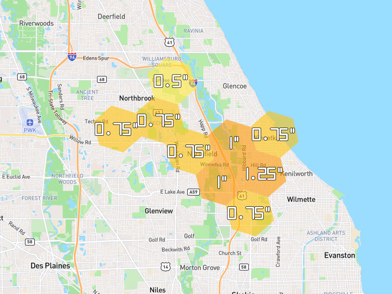 Hail map of Northfield, IL on Jul 3, 2026, hail up to 1.25"