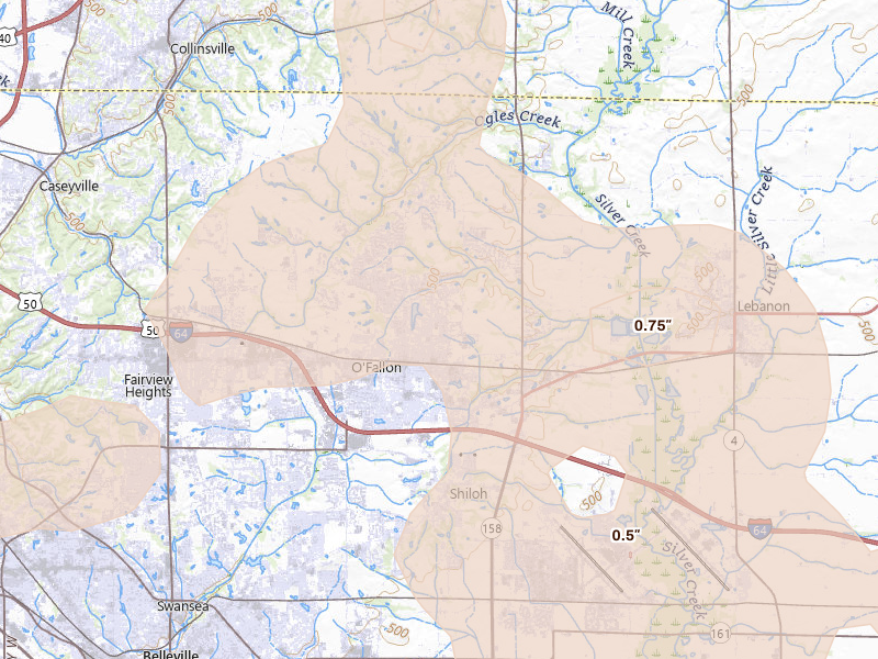 Radar-estimated hail-size map of the storm over O Fallon, IL on May 31, 2026