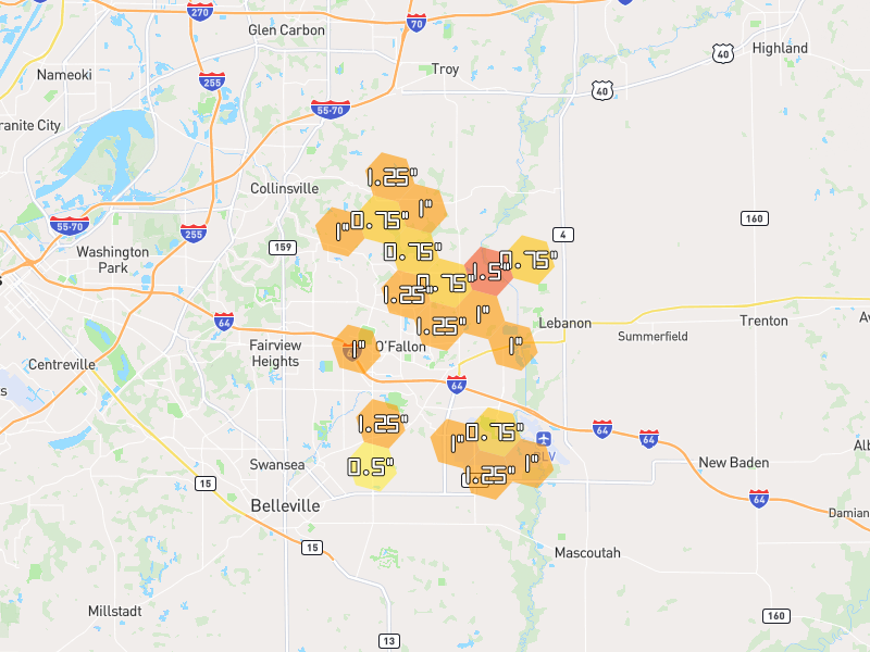 Hail map of O Fallon, IL on Jun 1, 2026, hail up to 1.5"