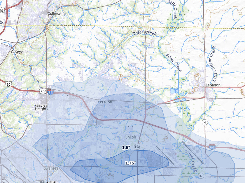 NEXRAD radar-signature map of the hail storm over O Fallon, IL on Jul 10, 2026