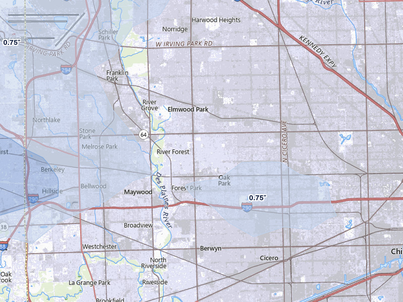 NEXRAD radar-signature map of the hail over Oak Park, IL