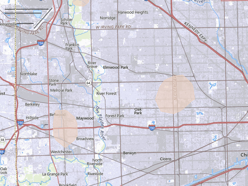 Radar-estimated hail-size map of the storm over Oak Park, IL on Jul 3, 2026
