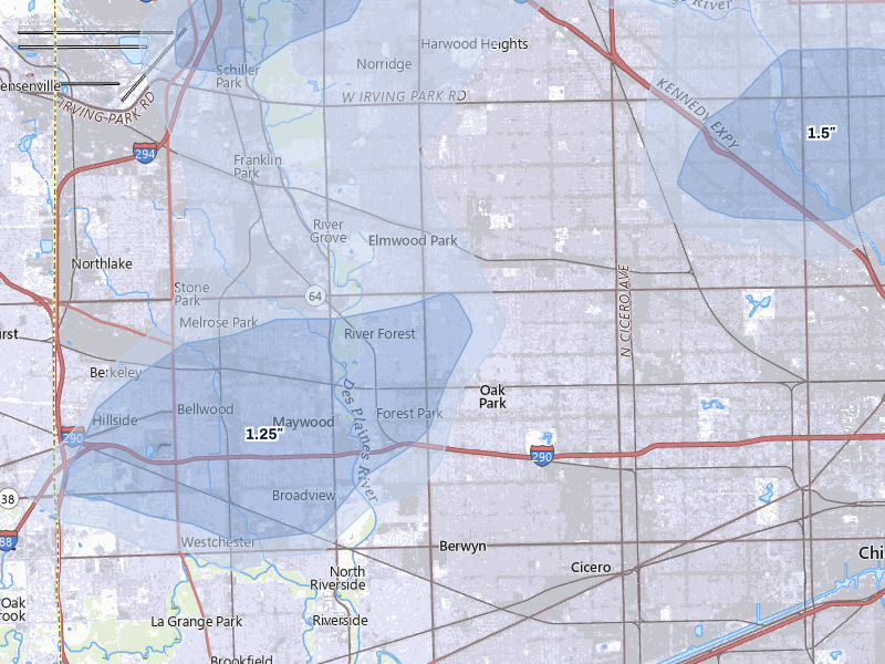 NEXRAD radar-signature map of the hail storm over Oak Park, IL on Jul 3, 2026