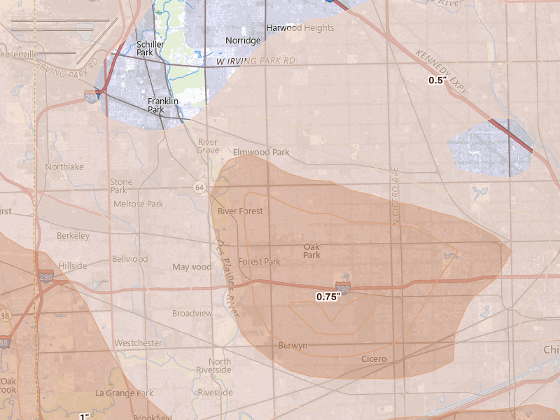 Radar-estimated hail-size map of the storm over Oak Park, IL on Jul 27, 2026