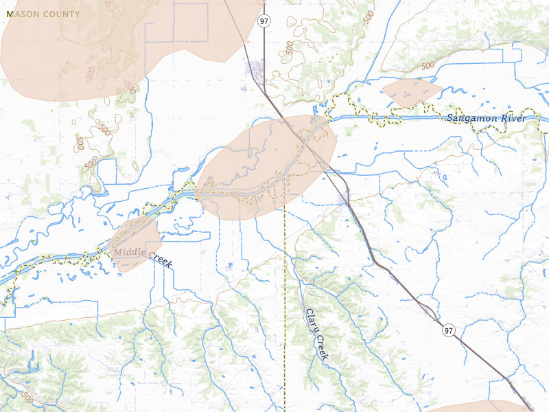 Radar-estimated hail-size map of the storm over Oakford, IL on Jun 11, 2026