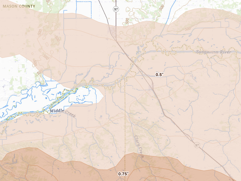 Radar-estimated hail-size map of the storm over Oakford, IL on Jun 17, 2026