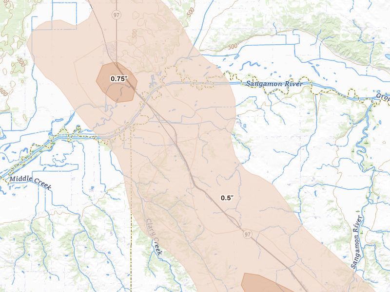 Radar-estimated hail-size map of the storm over Oakford, IL on Aug 21, 2026
