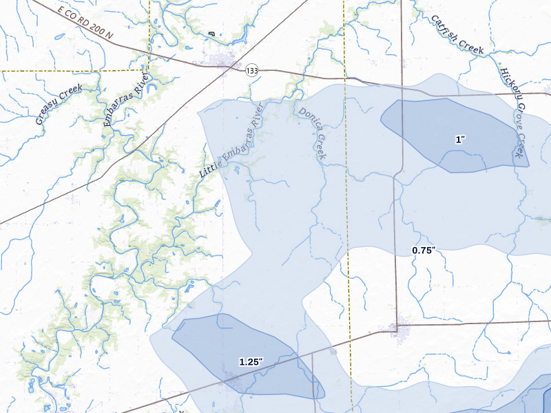 NEXRAD radar-signature map of the hail storm over Oakland, IL on Mar 22, 2026