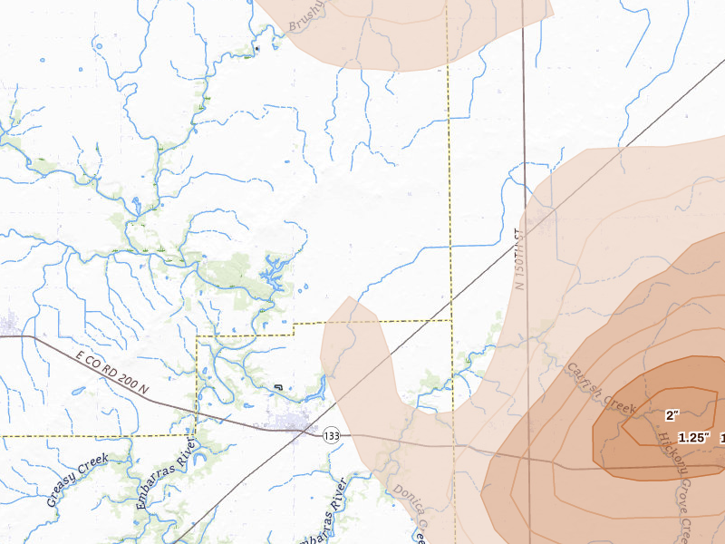 Radar-estimated hail-size map of the storm over Oakland, IL on Aug 11, 2026