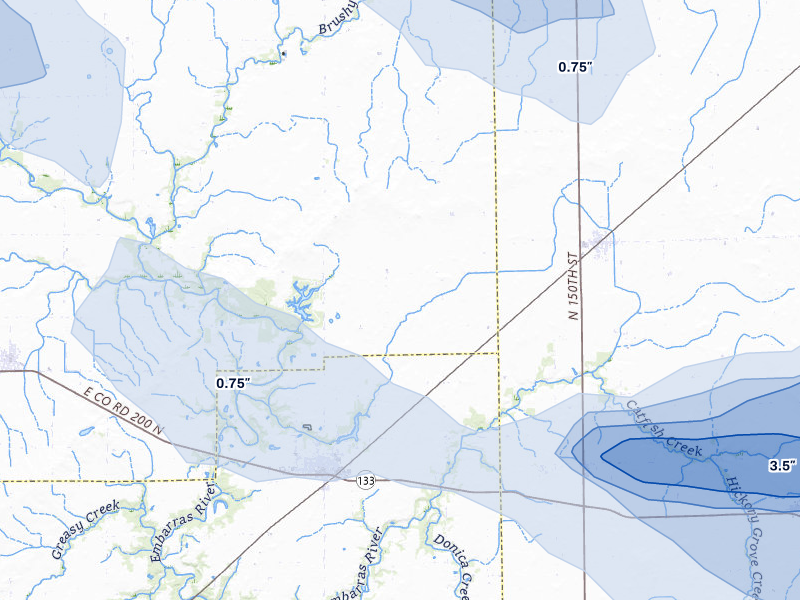 NEXRAD radar-signature map of the hail storm over Oakland, IL on Aug 11, 2026