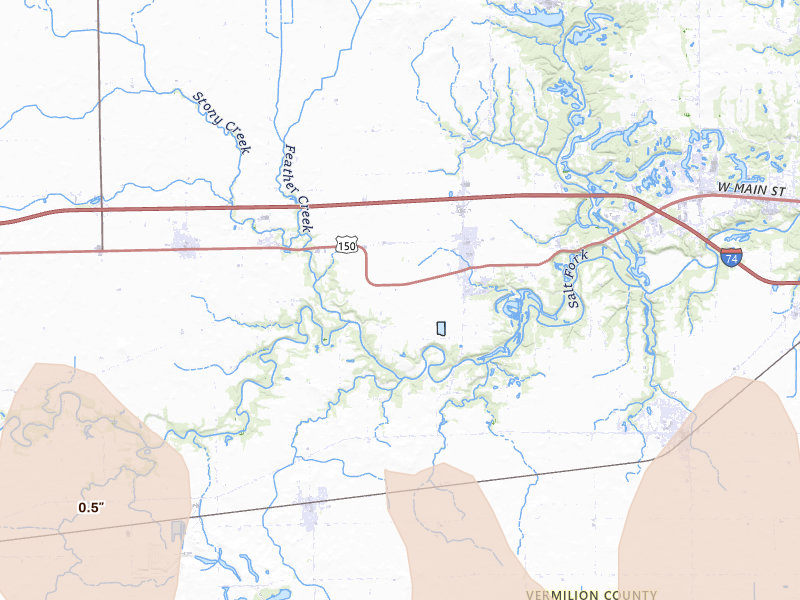 Radar-estimated hail-size map of the storm over Oakwood, IL on Apr 27, 2026
