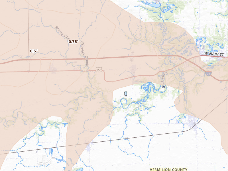 Radar-estimated hail-size map of the storm over Oakwood, IL on Aug 11, 2026