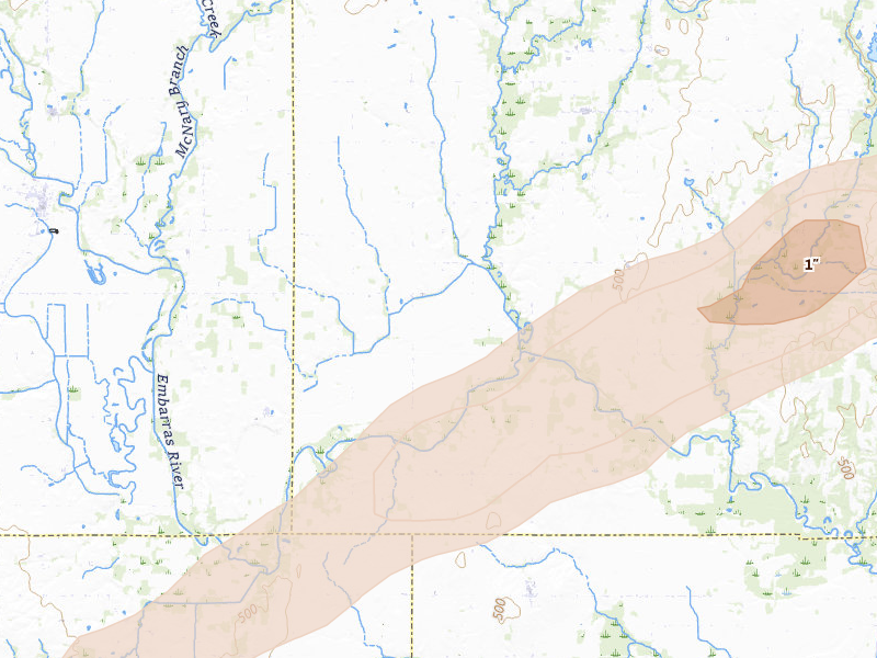 Radar-estimated hail-size map of the storm over Oblong, IL on Feb 19, 2026