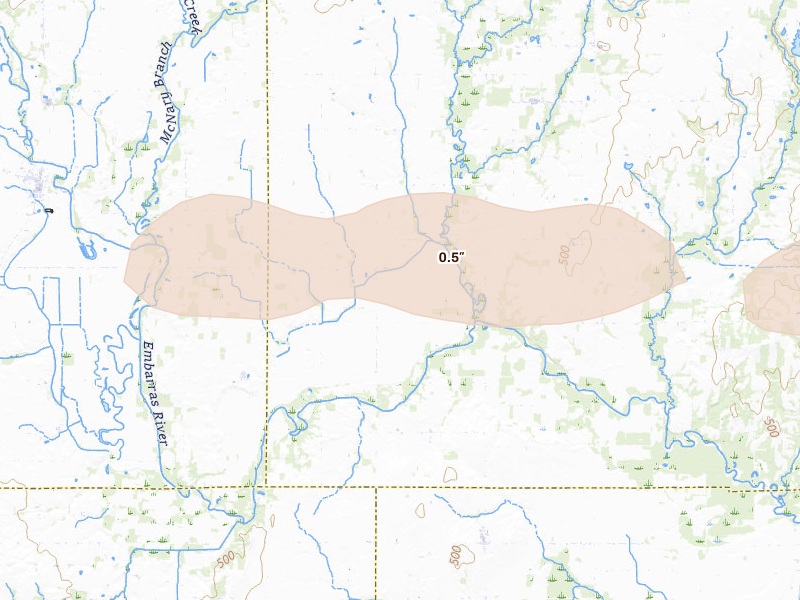 Radar-estimated hail-size map of the storm over Oblong, IL on Mar 4, 2026