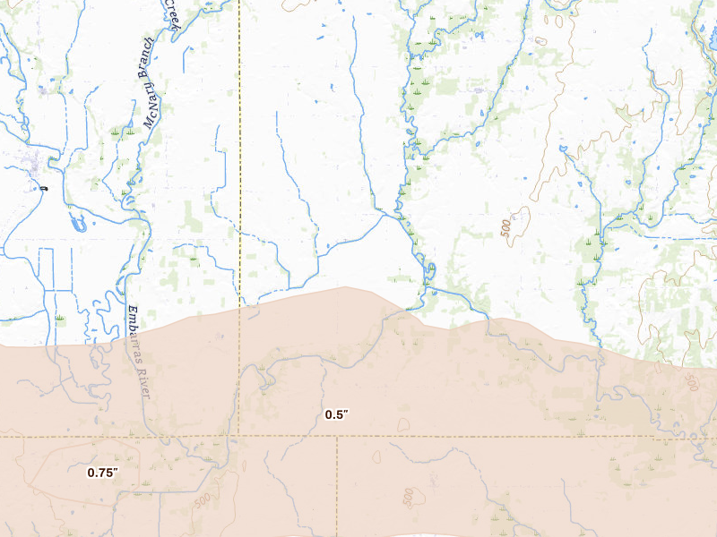 Radar-estimated hail-size map of the storm over Oblong, IL on Jun 21, 2026