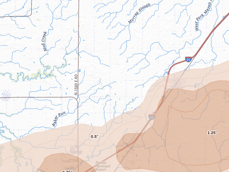 Radar-estimated hail-size map of the storm over Odell, IL on Mar 10, 2026