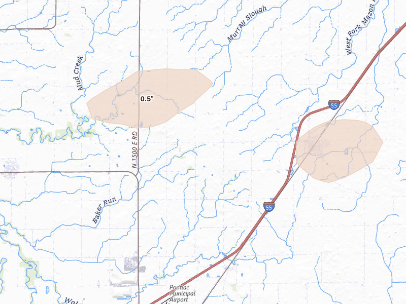 Radar-estimated hail-size map of the storm over Odell, IL on May 4, 2026