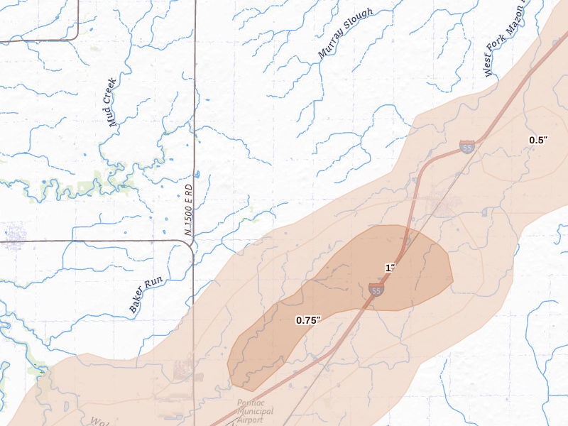 Radar-estimated hail-size map of the storm over Odell, IL on Jun 11, 2026
