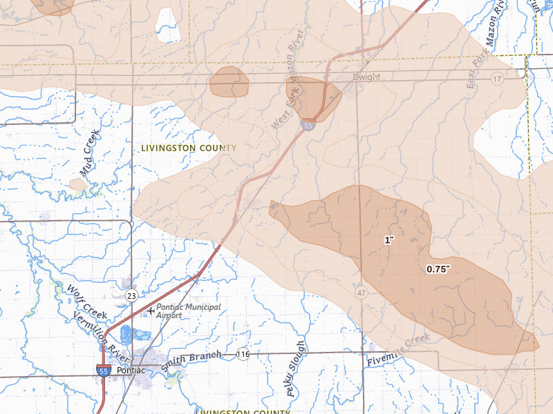 Radar-estimated hail-size map of the storm over Odell, IL on Aug 9, 2026