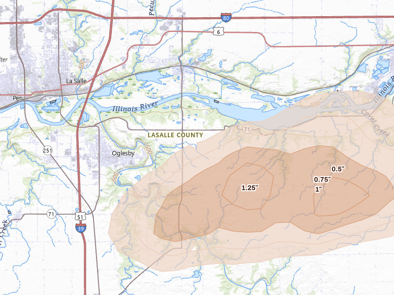Radar-estimated hail-size map of the storm over Oglesby, IL on Apr 13, 2026