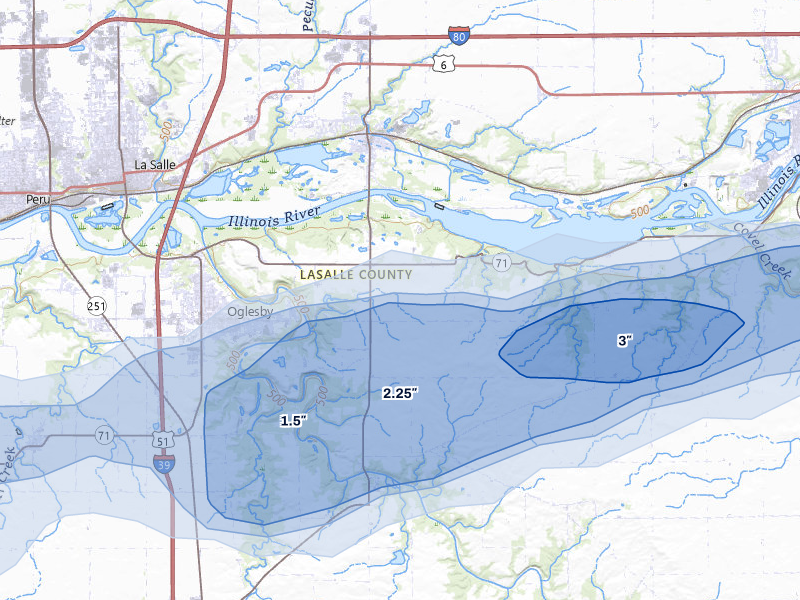 NEXRAD radar-signature map of the hail storm over Oglesby, IL on Apr 13, 2026