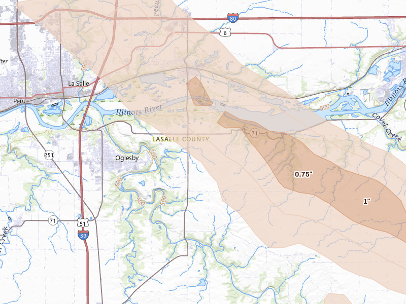 Radar-estimated hail-size map of the storm over Oglesby, IL on Jun 24, 2026