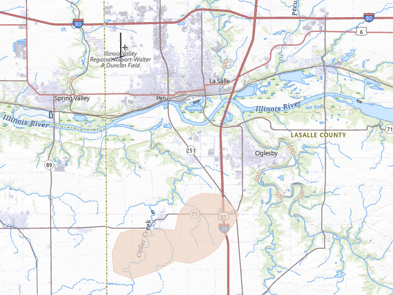 Radar-estimated hail-size map of the storm over Oglesby, IL on Aug 11, 2026