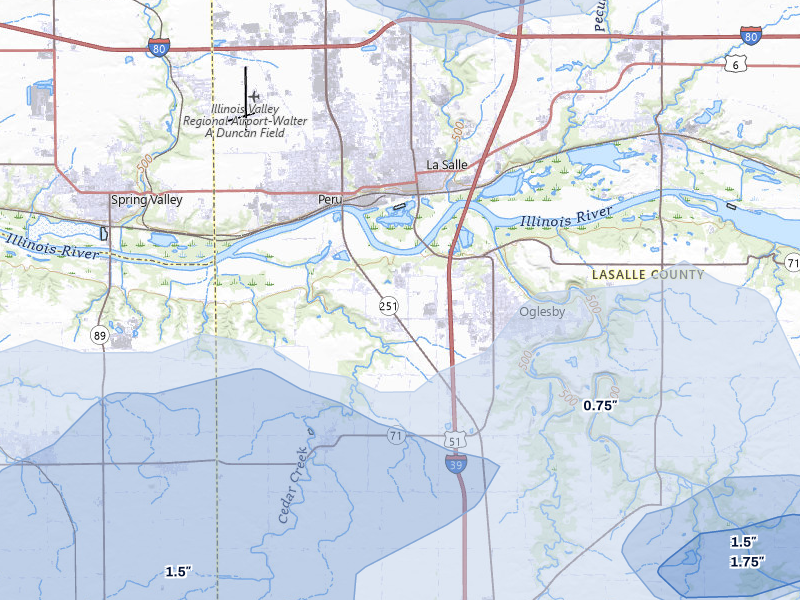 NEXRAD radar-signature map of the hail storm over Oglesby, IL on Aug 11, 2026