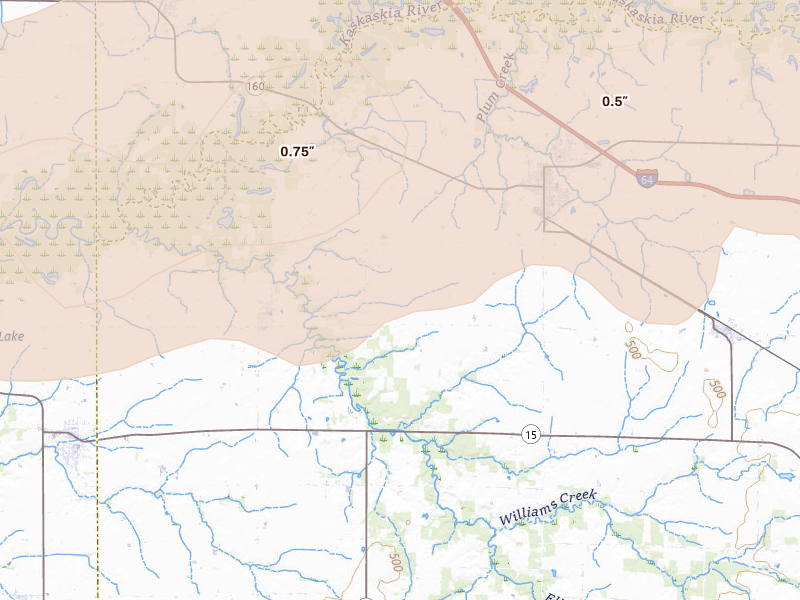 Radar-estimated hail-size map of the storm over Okawville, IL on Apr 27, 2026