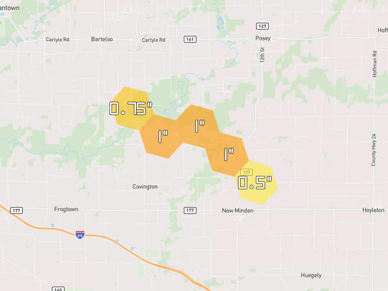 Hail map of Okawville, IL on Jun 1, 2026, hail up to 1"