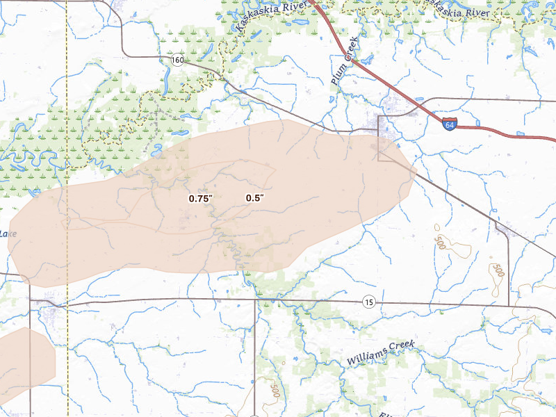 Radar-estimated hail-size map of the storm over Okawville, IL on Jul 10, 2026