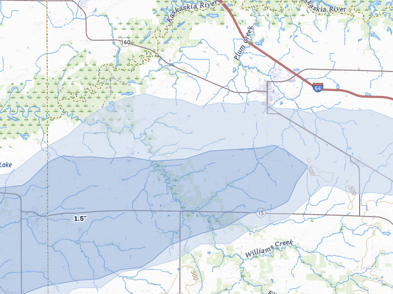 NEXRAD radar-signature map of the hail storm over Okawville, IL on Jul 10, 2026