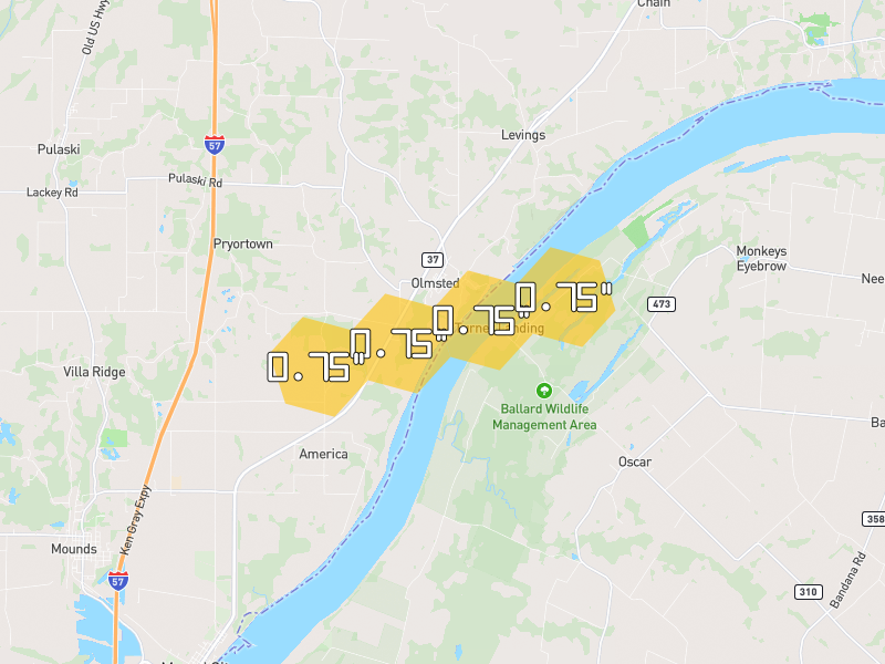 Hail map of Olmsted, IL on Jul 10, 2026, hail up to 0.75"