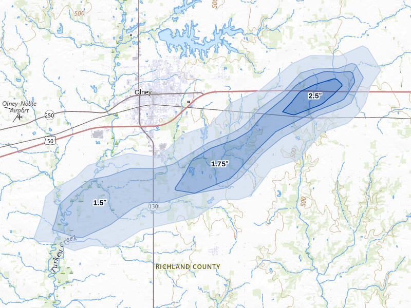 NEXRAD radar-signature map of the hail storm over Olney, IL on Jan 8, 2026