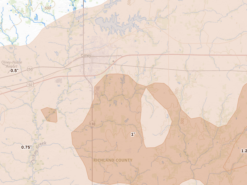 Radar-estimated hail-size map of the storm over Olney, IL on Apr 27, 2026