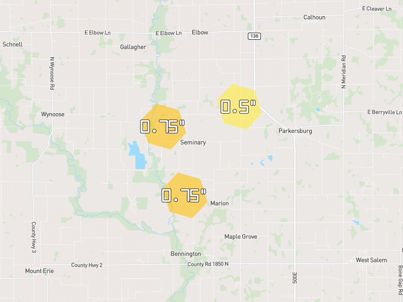 Hail map of Olney, IL on Jun 9, 2026, hail up to 0.75"