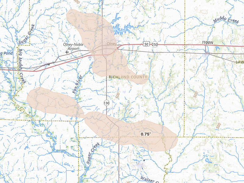 Radar-estimated hail-size map of the storm over Olney, IL on Jun 25, 2026