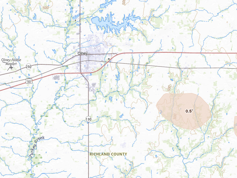 Radar-estimated hail-size map of the storm over Olney, IL on Jul 9, 2026