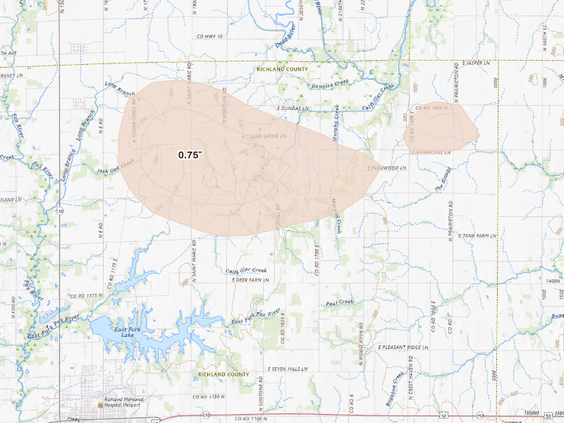 Radar-estimated hail-size map of the storm over Olney, IL