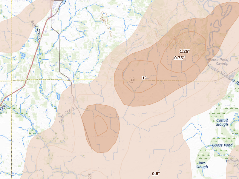 Radar-estimated hail-size map of the storm over Omaha, IL on Apr 27, 2026