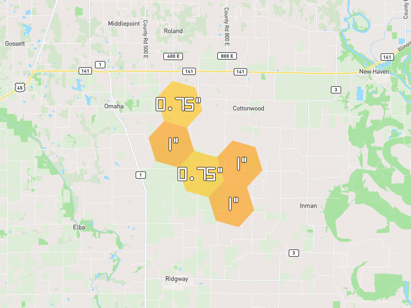 Hail map of Omaha, IL on Jul 26, 2026, hail up to 1"