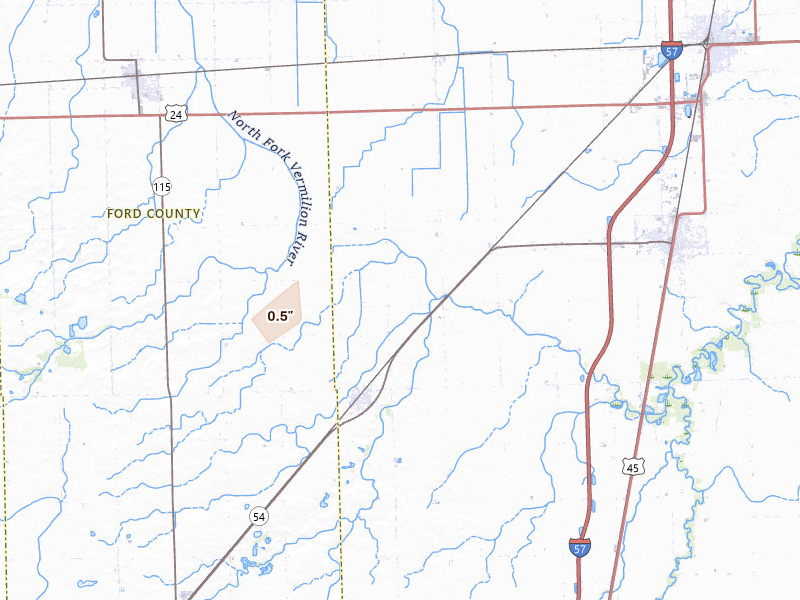 Radar-estimated hail-size map of the storm over Onarga, IL on May 4, 2026